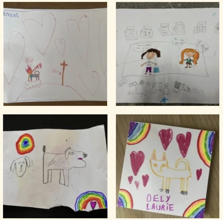 4 dessins d'enfants rendant hommage à leur compagnon de vie