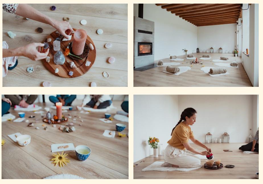 4 photos montrant Marisa Bai, doula, préparant une salle où elle va donner une formation Rebozo.