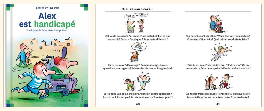 Couverture et intérieur du livre "Alex est handicapé"