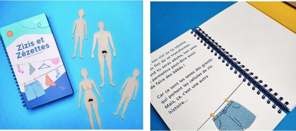 Couverture, pages intérieures et figurines du livre adapté Zizis et Zézettes, écrit par Camille Laurans et illustré par Jess Pauwels, paru dans la collection "Les p'tits curieux"