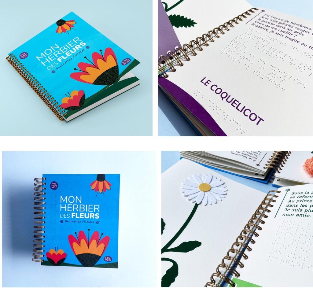 Couvertures et pages intérieures du livre adapté Mon herbier des fleurs, paru dans la collection Educ'braille