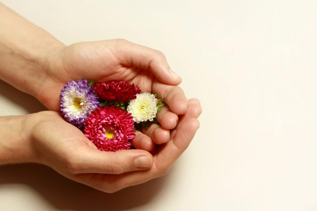 Gros plan sur des mains avec des fleurs, en guise d'offrande. Cela symbolise la gratitude et le fait de remercier pour ce qu'on a